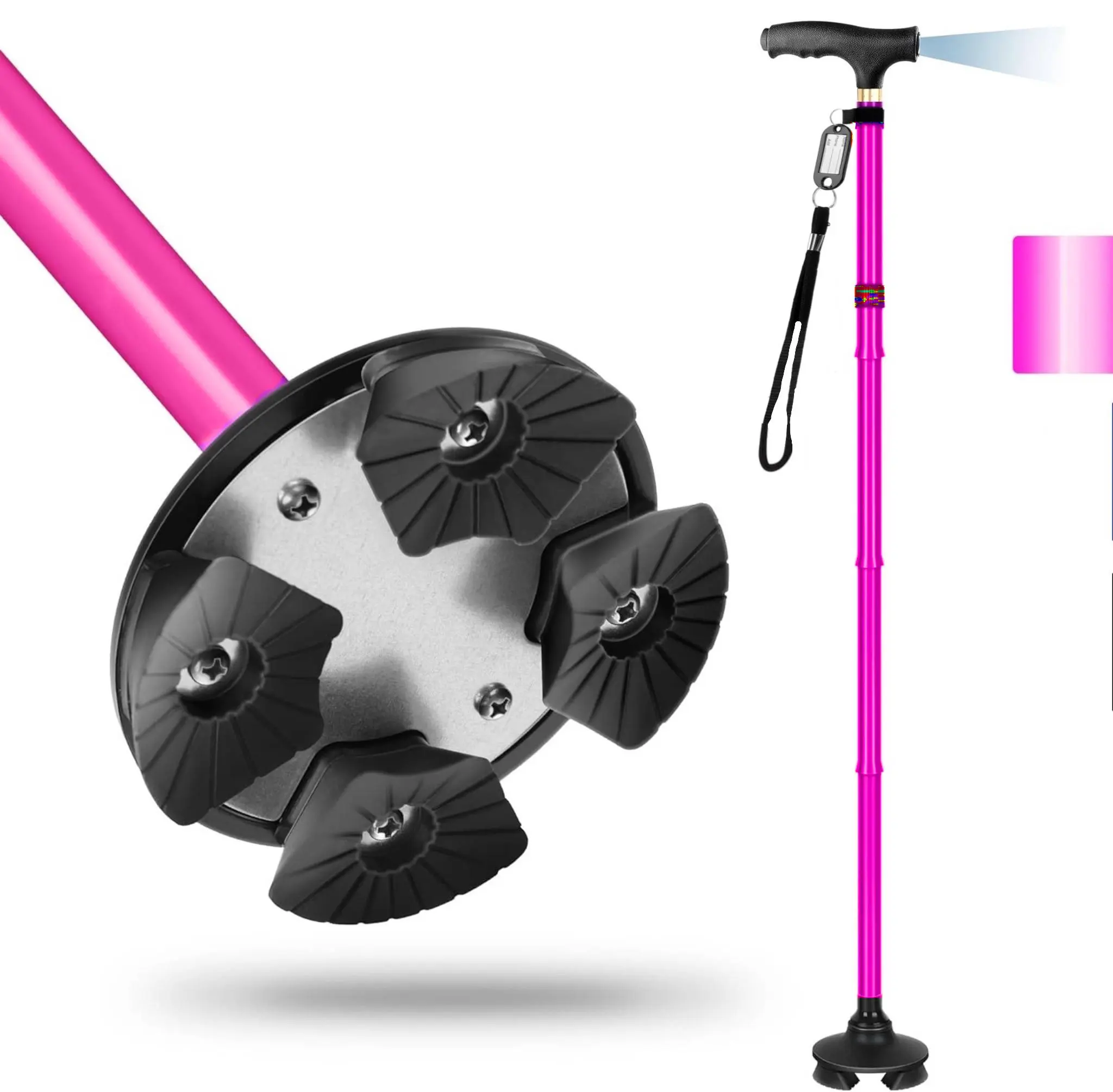 Folding Cane with LED Light, Adjustable Canes Walking Sticks for Men and Women, Walking Cane Stick for Elderly Pivoting Quad Base indoor/outdoor Height Adjustment Collapsible