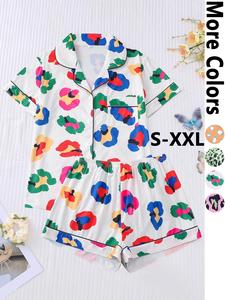 Two-piece Set Women's Floral Print Lapel Neck Pajama, Casual Comfy Short Sleeve Crop Shirt & Elastic Waist Shorts Pj Set, Ladies Summer Sleepwear, Lounge Sets