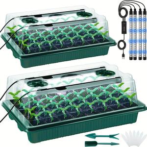 Seed Germination Tray Set, 2 Counts Seed Starter Tray Kit with Grow Lights, Durable Growing Tray with Led Light for Greenhouse & Gardens, Gift, Garden Tools, Garden Plant Supplies