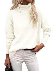 Women's Solid Drop Shoulder Turtle Neck Sweater, Casual Fit Long Sleeve Jumper for Fall & Winter, Fashion Ladies' Knitwear for Daily Wear, Sweaters for Women