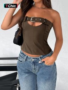 Spring and Summer Y2K Solid Color Design Sexy Belt Buckle Bustier Sling Top for Women's Clothing