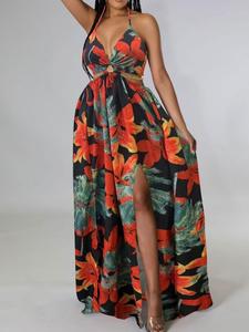 Women's Floral Print Chain Decor Split Thigh Tie Back Cami Dress, Casual Elegant Ring Linked Halter Backless Maxi Dress For Beach Holiday Vacation, Ladies Summer Boho Clothes