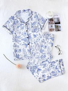 2 Counts Women's Plants Print Pyjama Set, Chic Pocket Button Sleep Shirt & Elastic Waist Pants, Summer Clothes Women, Comfort Summer Wear Breathable Pjs, Summer Sets, Trousers for Women, Womenswear, Pajamas