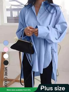 【Plus Size】Solid Color Asymmetrical Hem Shirt, Casual Long Sleeve Top for Summer, Women's Clothes for Daily Wear, Blouse, Long Sleeve Going Tops