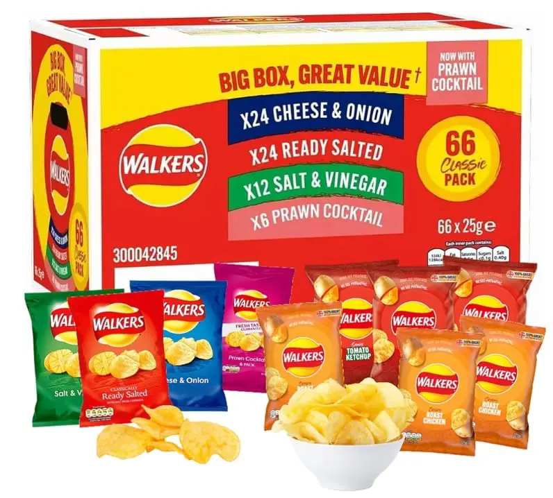 Walkers Crisps Walkers Classic Box Crisps Pack Of 66 x 25g - 24 x Cheese Onion, 24 x Ready Salted, 12 x Salt & Vinegar, 6 Prawn Cocktail, 4 Different Flavours Boxed Slamtech Snack Crispy