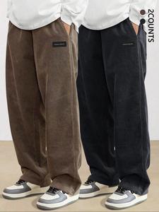 Men's Letter Print Corduroy Pants, Casual Comfy Straight Leg Trousers for Daily Wear, Woven Bottoms for All Seasons