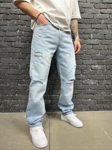 Men's Ripped Button Fly Straight Leg Jeans, Loose Casual Comfy Washed Pocket Baggy Denim Pants for Daily Wear, Straight Leg Jeans, Woven Bottoms for All Seasons, Mens Jeans, Trousers, Cotton, Menswear, Streetwear, Relaxed Jeans