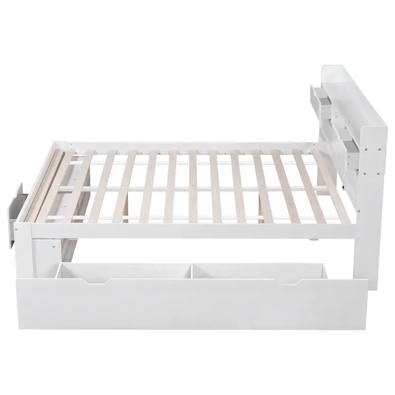 Double bed, Double Bed-4ft6(135*190cm), With USB port & drawers & storage cabinet, Children's bed, Youth bed, Multifunctional bed, Large storage space, without mattress, white 7
