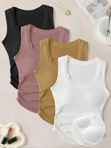 Women's Solid Ribbed Tank Top with Chest Pad, Casual Sleeveless Top for Daily Wear, Ladies Clothes for All Seasons