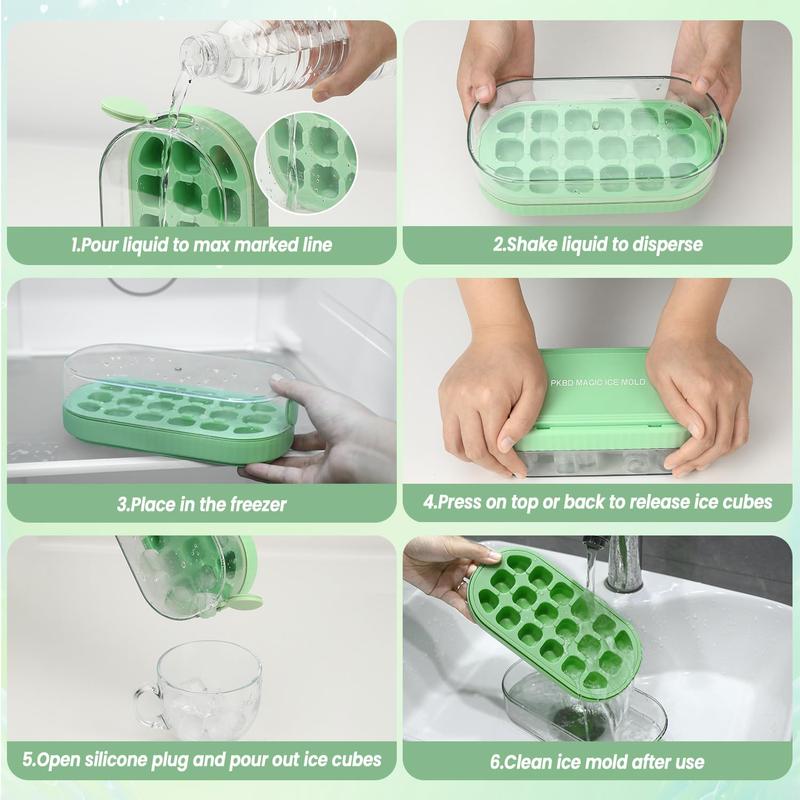 Ice Cube Tray with Lid and Bin, Press-Type Silicone 18PCs Ice Cube Moulds for Freezer, Easy Release, Quick Filling Without Touching, Ice Tray for Whiskey Cocktail, Tea, Coffee, Green 5