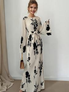 Women's Floral Print Belted Dress, Elegant Long Sleeve Dress for Spring & Fall, Women's Clothing for Daily Wear