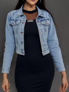 Women's Solid Button Fly Closure Denim Jacket, Casual Fitted Long Sleeve Collared Denim Outerwear for Spring & Fall, Ladies Clothes for Daily Wear, Longsleeves Womenswear, Coats, Jean Jacket, Casual Cute Solid Color Outerwear, Casual Fashion Outerwear