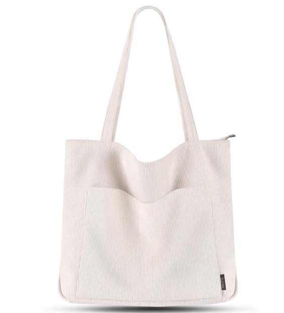 Prite Corduroy Tote Bag for Women Large Shoulder Bag with Zipper and Pockets for College School Work Travel Shopping 4