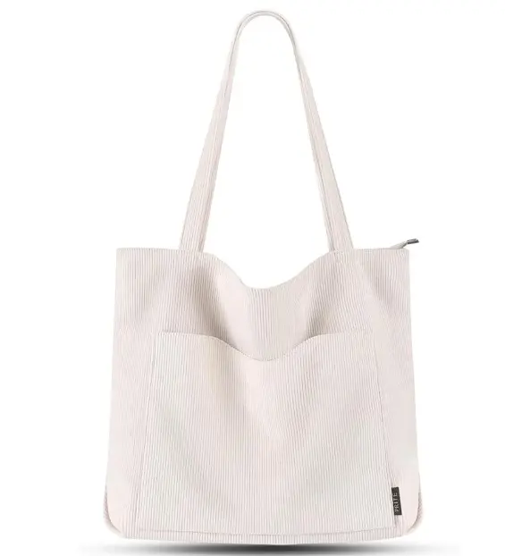 Prite Corduroy Tote Bag for Women Large Shoulder Bag with Zipper and Pockets for College School Work Travel Shopping 4