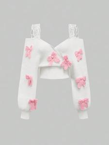 Women's Bow Decor Crop Sweater, Casual Long Sleeve Jumper for Spring, Fashion Women's Knitwear for Daily Wear, Tops, Longsleeves Womenswear