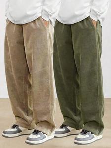 Men's Solid Pocket Corduroy Pants, Loose Casual Comfy Straight Leg Trousers for Fall & Winter, Men's Bottoms for Daily Wear