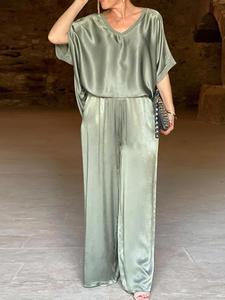 Women's Solid Batwing Sleeve V Neck Blouse & Elastic Waist Pants Two-piece Set, Elegant Fashion Two Piece Outfits for Daily Outdoor Wear, Women Clothes for Spring Fall