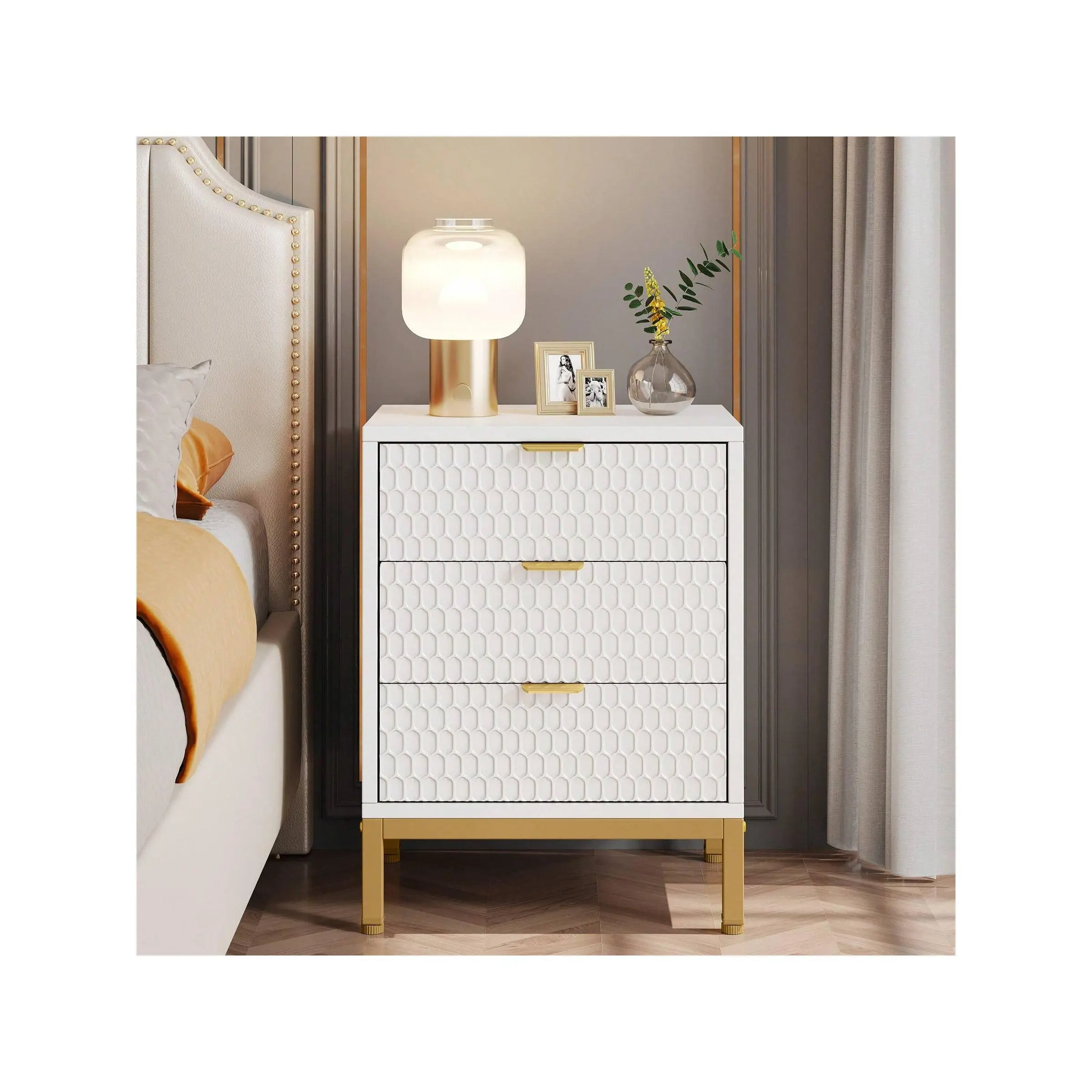 Tribesigns Tribesigns Nightstand, Modern 65.5 Cm Bedside Table With 3 Drawers, Contemporary End Side Table With Storage For Bedroom, Living Room, White/Gold