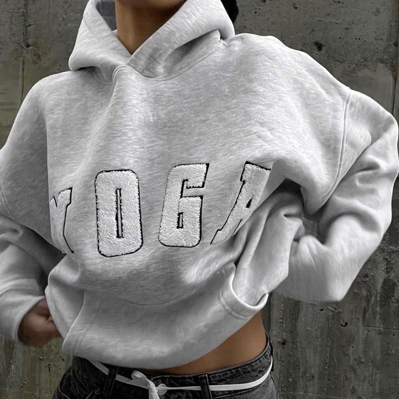 Women's YOGA Embroidered Drop Shoulder Sweatshirt, Casual Long Sleeve Hooded Pullover for Spring & Fall, Ladies Clothes for Daily Wear,  Tops for Women 0