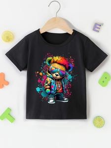 Toddler Boy's Cartoon Bear Print Round Neck Tee, Summer Clothes Casual Soft Comfy Short Sleeve Crew Neck T-shirt for Summer, Kids Clothes for Daily Wear