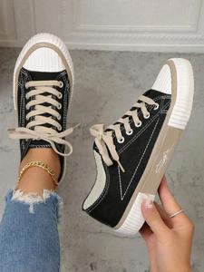Women's Fashionable Plain Canvas Low Top Black Sneakers, Trendy Casual Comfortable Preppy Sports Trainer Shoes for Training for Daily Wear, Flat Athletic Lace Up Trainers for Students, Walking Shoes, Casual Breathable Footwear, for Running