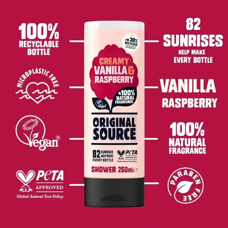 Original Source Vanilla & Raspberry Shower Gel, 100 Percent Natural Fragrance, Vegan, Cruelty Free, Paraben Free, Bulk Buy, Pack of 6 x 250 ml 1
