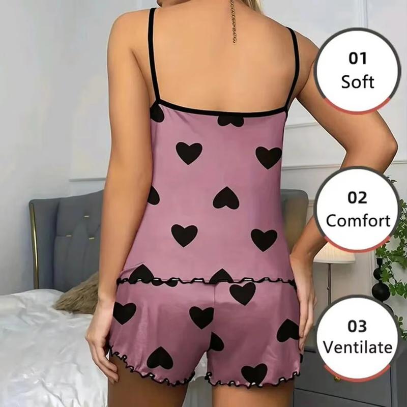 Women's Pajama Set Pajamas T-Shirts Shorts Pink Heart-Shaped Print Round Neck T-Shirt Ice Silk Top Comfortable Casual Summer 2