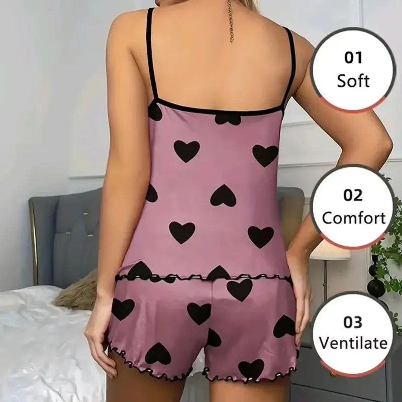 Women's Pajama Set Pajamas T-Shirts Shorts Pink Heart-Shaped Print Round Neck T-Shirt Ice Silk Top Comfortable Casual Summer 2