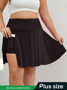 【Plus Size】 Solid Color Plicated Pocket Skorts, Casual Fashion Short Skirt for Daily Outdoor Wear, Women Clothing for All Seasons