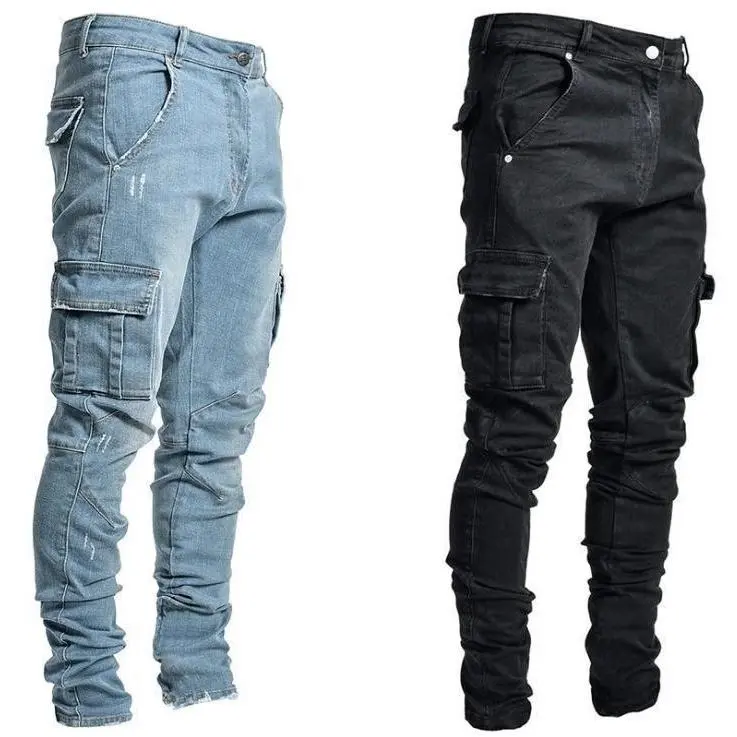 Men's Casual Trousers Worn Out Large Size Clothing Slim Fit Tight Micro-elastic Cargo Fat Jeans Men