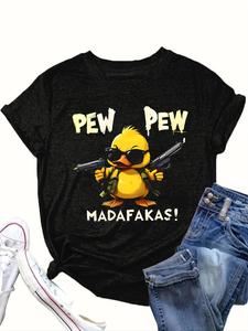 【Plus Size】 Duck & Letter Print Round Neck Tee, Fashion Casual Crew Neck Short Sleeve T-Shirt for Daily Outdoor Wear, Women Clothing for All Seasons