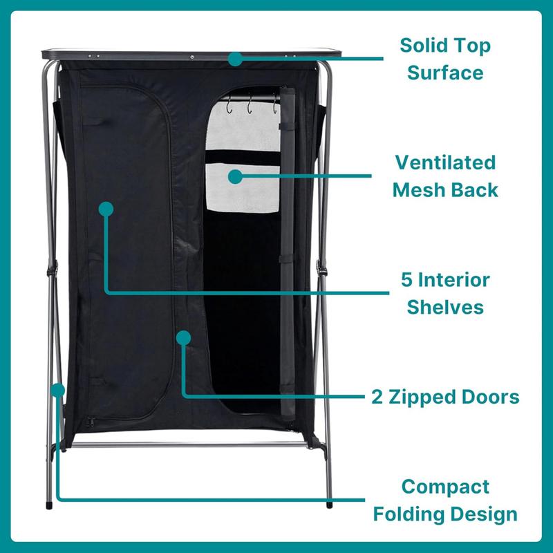 Wardrobe with 5 Shelves, Hanging Rail & Side Pockets, Steel Frame, Easy to Assemble, Portable, Folding, Collapsible, Ideal for Camping and Festivals, includes Carry Bag, Black 3