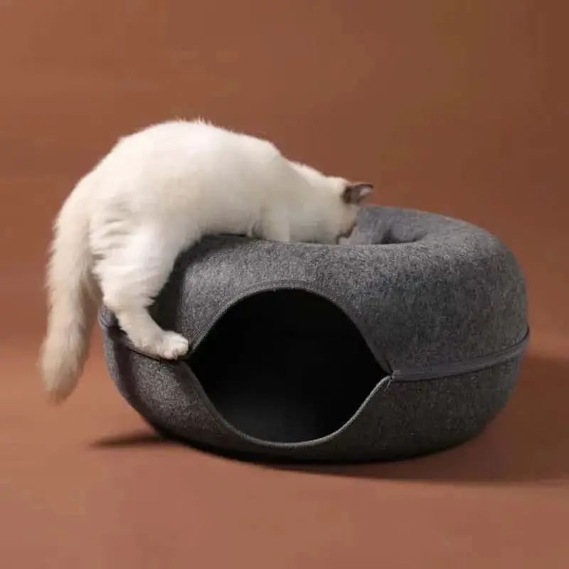 2-in-1 Donut Cat Bed Tunnel Toy – Dual-Use Felt Pet House & Play Tunnel | Scratch-Resistant, Removable & Easy to Clean 1