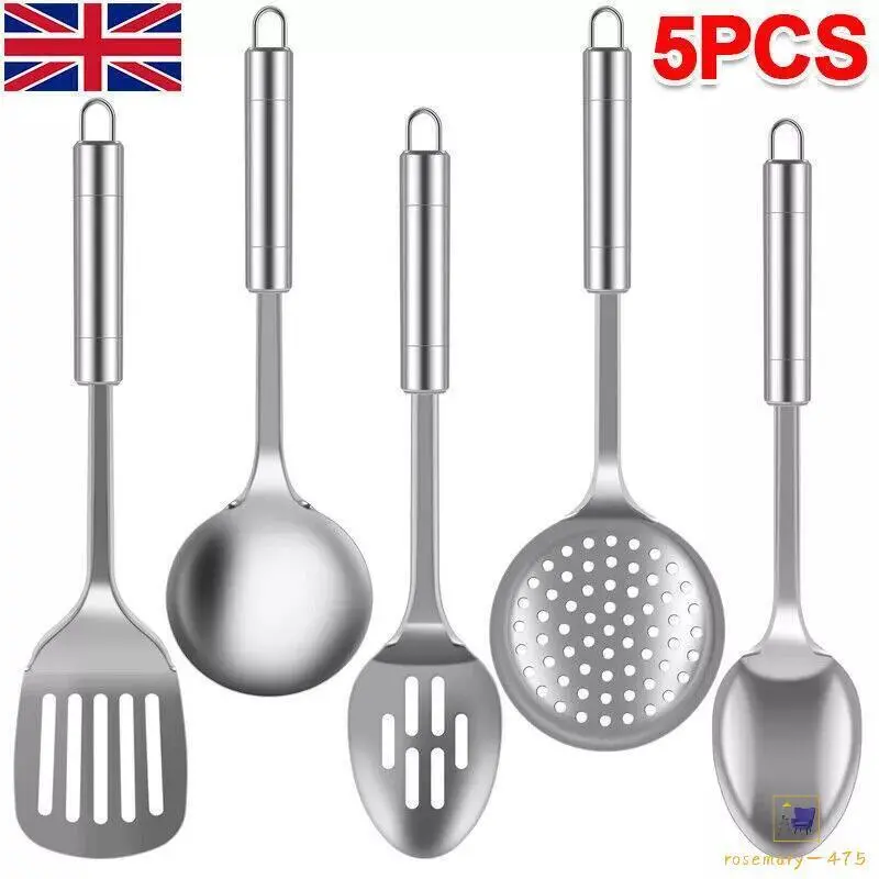 Stainless Steel Cooking Utensils Set - 5 Piece Turner Masher Spoon Set for Kitchen - Cookware, Round