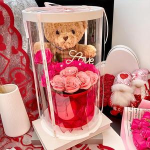 Artificial Flower Gift Box with Bear, 1 Count Romantic Rose Gift Box with Bear, Birthday Gift for Wife, Mother, Friend, Roses Bouquet, Decorative Flowers, Colorful Faux Flower