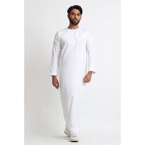 Al Noor Thobe J1520 White Omani Traditional Thobe with Press Metal Button Opening 2 Side Pockets Soft Matt Fabric Model Fit 60L