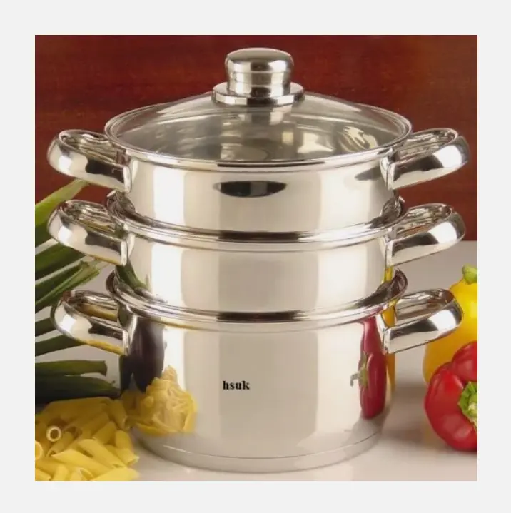 3 THREE TIER STAINLESS STEEL VEGETABLE FOOD STEAMER SET DISH INDUCTION POT Cookware Glass 1