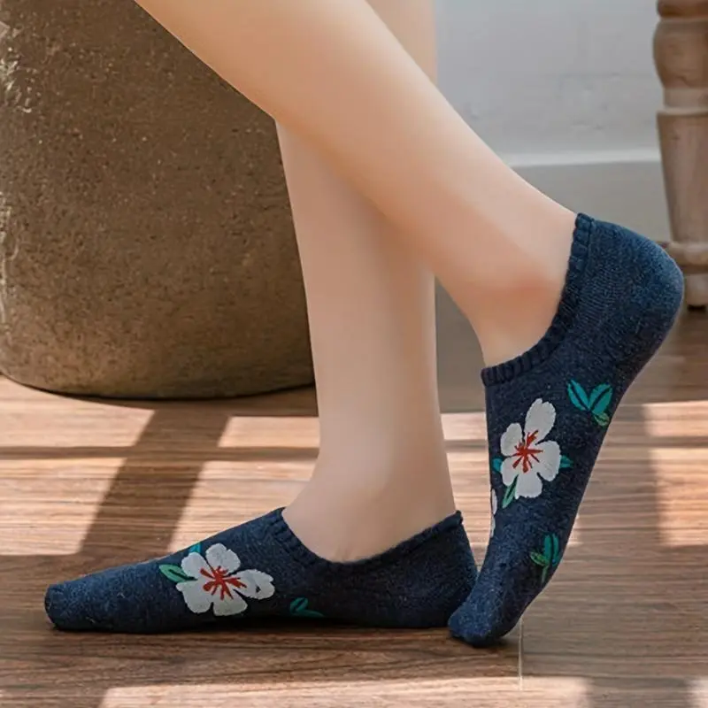 5-Pair Women'S No-Show Floral Socks - Breathable Stretch Polyester with Comfort Rib-Knit 4