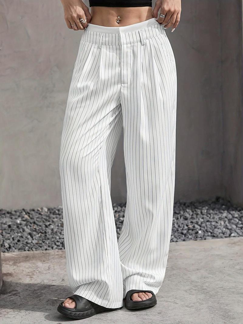 Product Introduction of Women's High-Waist Striped Wide-Leg Blazer Pants - Navy Blue & White Vertical Stripes, Polyester, Casual Style, Machine Washable, Spring/Summer/Fall Wear, Versatile Legwear | Wideleg Design | Glossy Texture, Wide Leg Pants 10