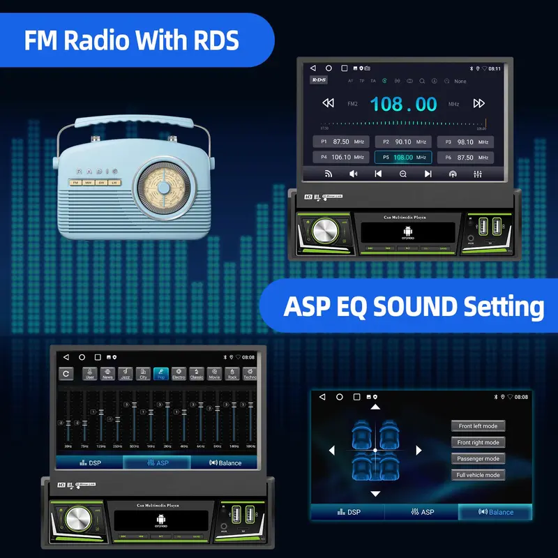 ESSGOO Single 1 DIN 7 Inch Flip Out Screen Android 13 Auto Car Stereo Radio Apple Carplay GPS Navigation Wifi FM RDS Bluetooth 5