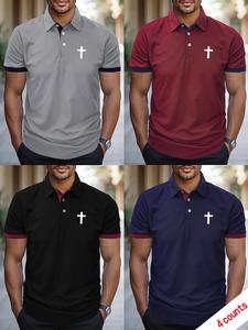 Men's Regular Fit Cross Print Polo Shirt, Casual Short Sleeve Collared Top for Summer, Fashion Men's Clothes for Daily Wear, Tropical