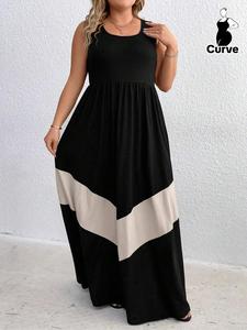 【plus Size】 Colorblock Patchwork Print Round Neck Tank Dresses for Women, Casual Sleeveless Long Dress for Summer, Women's Clothing for Daily Wear Holiday Evening Dresses