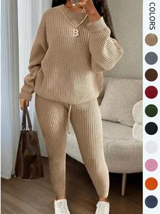 Women's Solid Drop Shoulder Long Sleeve Sweater Tops & Drawstring Waist Pants Set, Hide Tummy Outfits Uk, Casual Fashion Cozy Knitwear for Daily Outdoor Wear, Co-ords Outfit for Women, Back To School Supplies