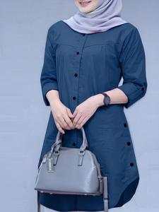 Women's Plain Buttons Round Neck Shirt, Casual Long Sleeve Blouse for Daily Wear, Ladies Clothes for All Seasons