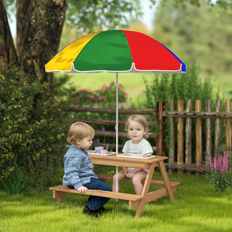 AIYAPLAY Wooden Kids Picnic Table, Sand and Water Table w/ Benches, Parasol 1