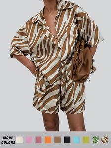 Women's Solid / All Over Print Co-ord Set, Casual Short Sleeve Button Front Shirt & Tie Front Pocket Shorts Two-piece Set, Women's Clothes for Summer Daily Wear, National Day Clothing, Blouse Shorts Set