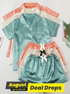 Women's Solid Contrast Binding Bow Decor Pajama Set, Short Sleeve Button Front Lapel Shirt & Shorts Pj Set, Ladies Summer Sleepwear & Loungewear, Homewear