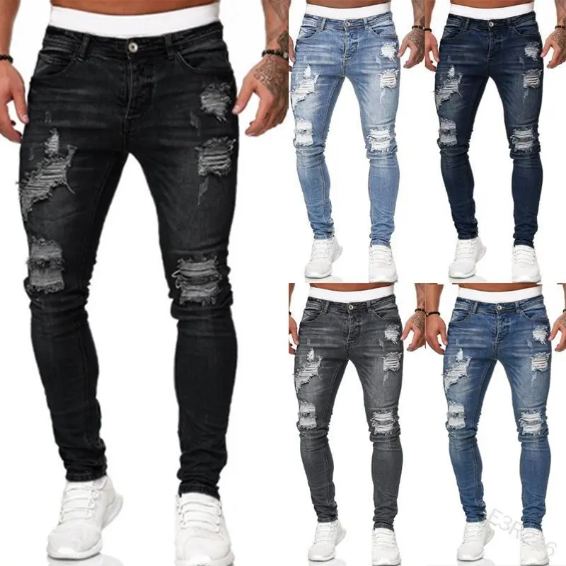 Fashion Street Style Ripped Skinny Jeans Men Vintage wash Solid Denim Trouser Mens Casual Slim fit pencil denim Pants hot sale Menswear Streetwear Pocket Beige 4