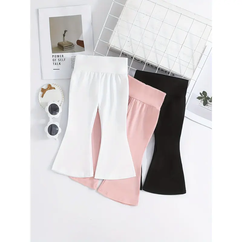 Girls' Solid Color Half-High Waist Bell Bottom Pants 3pcs Set 3