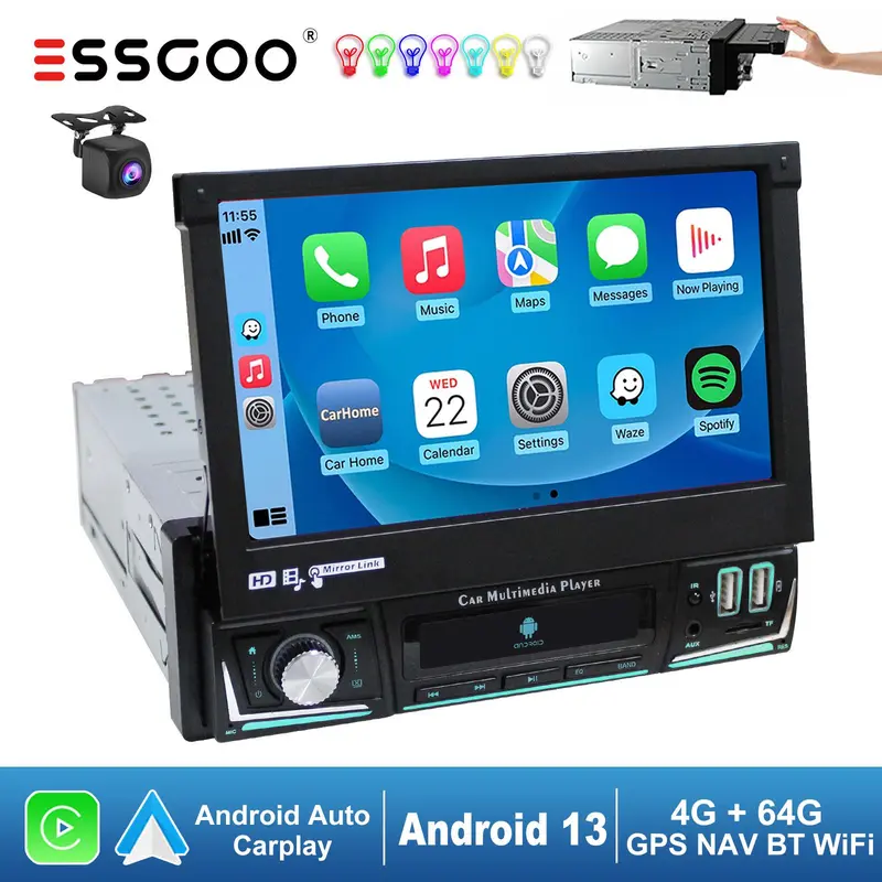 ESSGOO Single 1 DIN 7 Inch Flip Out Screen Android 13 Auto Car Stereo Radio Apple Carplay GPS Navigation Wifi FM RDS Bluetooth 8